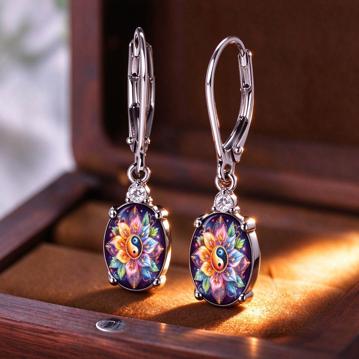 Colorful Mandala Flower Art Oval Pendant Earrings